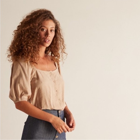 The Odells prairie blouse top Square Neck Sabbia puff sleeve boho coquette tan L - Picture 11 of 11